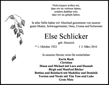 Anzeige von Else Schlicker von Kölner Stadt-Anzeiger / Kölnische Rundschau / Express