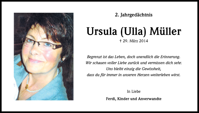  Traueranzeige für Ursula Müller vom 29.03.2016 aus Kölner Stadt-Anzeiger / Kölnische Rundschau / Express