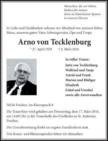 Anzeige von Arno von Tecklenburg von  Sonntags-Post 