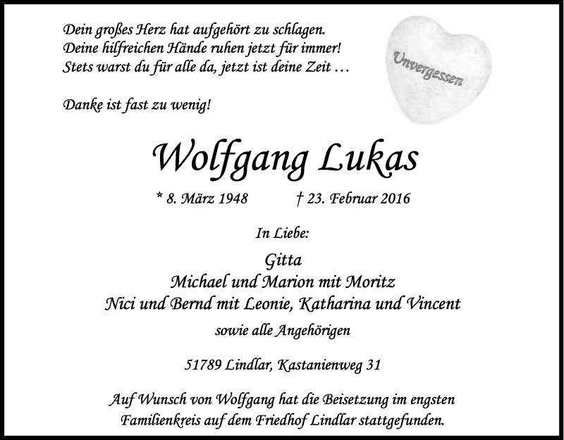  Traueranzeige für Wolfgang Lukas vom 05.03.2016 aus Kölner Stadt-Anzeiger / Kölnische Rundschau / Express
