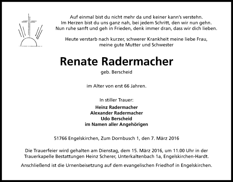  Traueranzeige für Renate Radermacher vom 10.03.2016 aus Kölner Stadt-Anzeiger / Kölnische Rundschau / Express