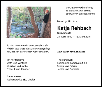 Anzeige von Katja Rehbach von Kölner Stadt-Anzeiger / Kölnische Rundschau / Express