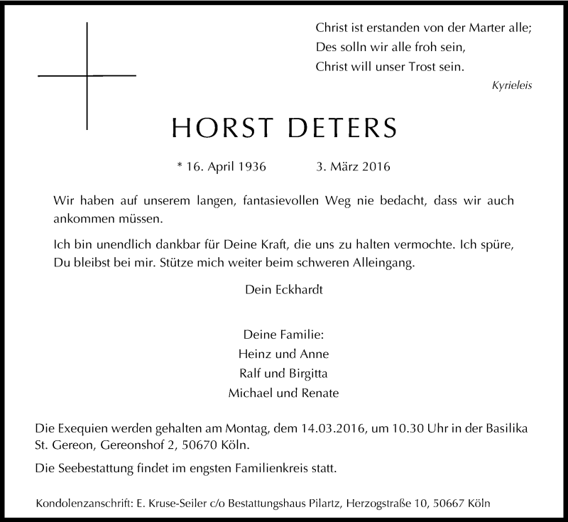  Traueranzeige für Horst Deters vom 12.03.2016 aus Kölner Stadt-Anzeiger / Kölnische Rundschau / Express