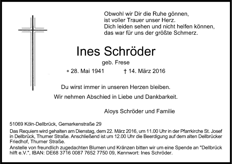  Traueranzeige für Ines Schröder vom 19.03.2016 aus Kölner Stadt-Anzeiger / Kölnische Rundschau / Express
