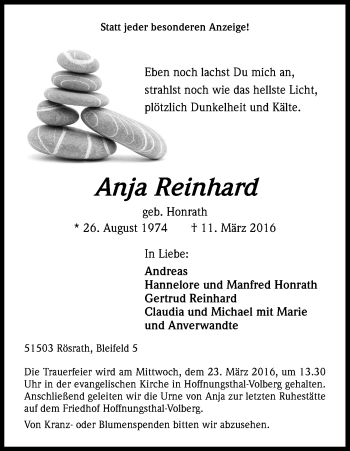 Anzeige von Anja Reinhard von Kölner Stadt-Anzeiger / Kölnische Rundschau / Express