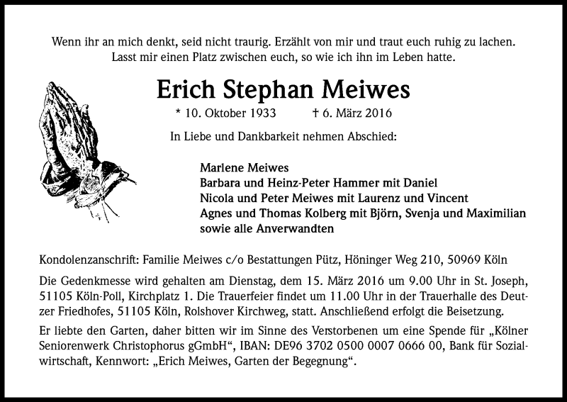  Traueranzeige für Erich Stephan Meiwes vom 12.03.2016 aus Kölner Stadt-Anzeiger / Kölnische Rundschau / Express