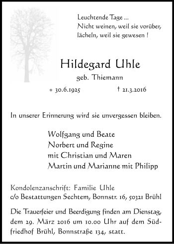 Anzeige von Hildegard Uhle von Kölner Stadt-Anzeiger / Kölnische Rundschau / Express