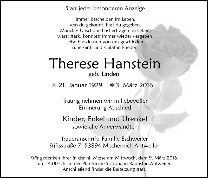  Traueranzeige für Therese Hanstein vom 06.03.2016 aus  Blickpunkt Euskirchen 
