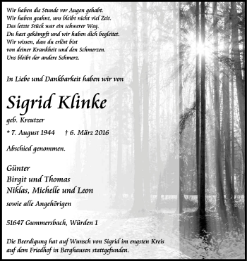 Anzeige von Sigrid Klinke von Kölner Stadt-Anzeiger / Kölnische Rundschau / Express