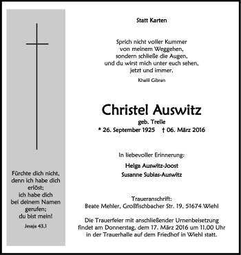 Anzeige von Christel Auswitz von Kölner Stadt-Anzeiger / Kölnische Rundschau / Express