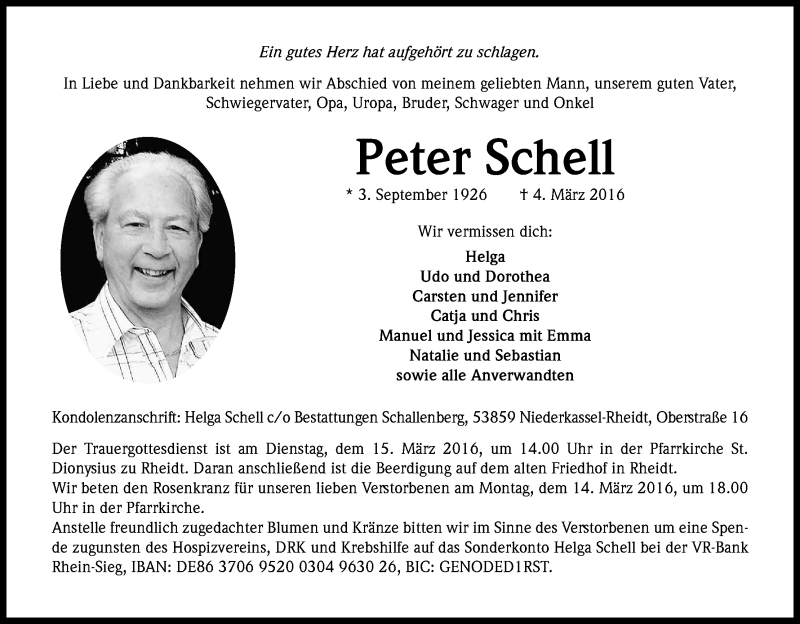  Traueranzeige für Peter Schell vom 11.03.2016 aus Kölner Stadt-Anzeiger / Kölnische Rundschau / Express