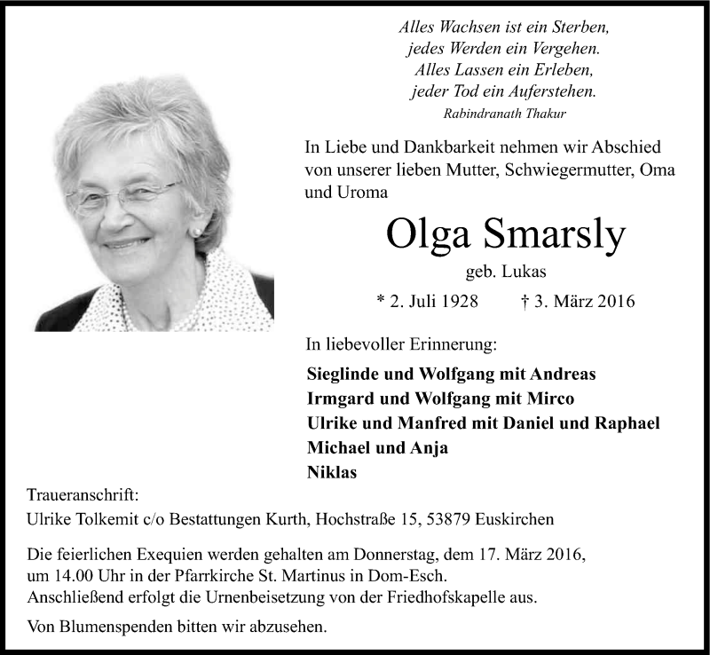  Traueranzeige für Olga Smarsly vom 12.03.2016 aus Kölner Stadt-Anzeiger / Kölnische Rundschau / Express