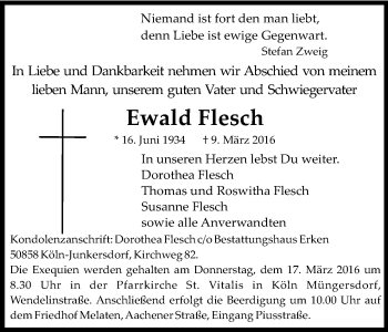 Anzeige von Ewald Flesch von Kölner Stadt-Anzeiger / Kölnische Rundschau / Express