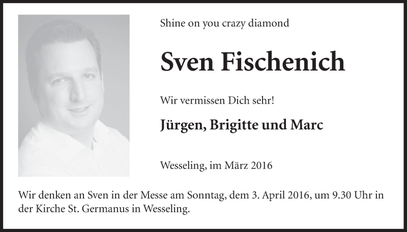  Traueranzeige für Sven Fischenich vom 23.03.2016 aus  Schlossbote/Werbekurier 