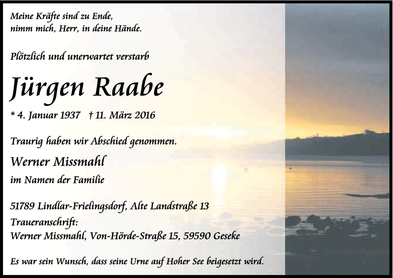  Traueranzeige für Jürgen Raabe vom 19.03.2016 aus Kölner Stadt-Anzeiger / Kölnische Rundschau / Express