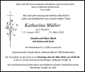 Anzeige von Katharina Müller von Kölner Stadt-Anzeiger / Kölnische Rundschau / Express