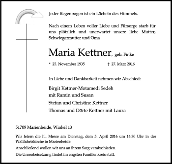 Anzeige von Maria Kettner von Kölner Stadt-Anzeiger / Kölnische Rundschau / Express