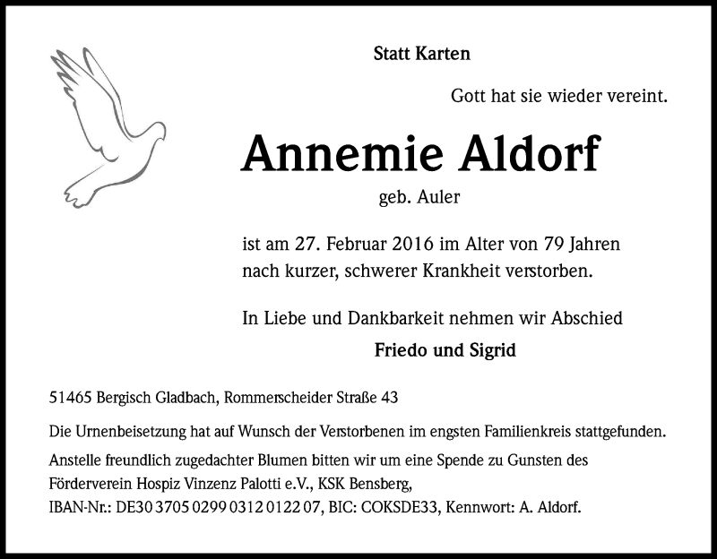  Traueranzeige für Annemie Aldorf vom 08.03.2016 aus Kölner Stadt-Anzeiger / Kölnische Rundschau / Express
