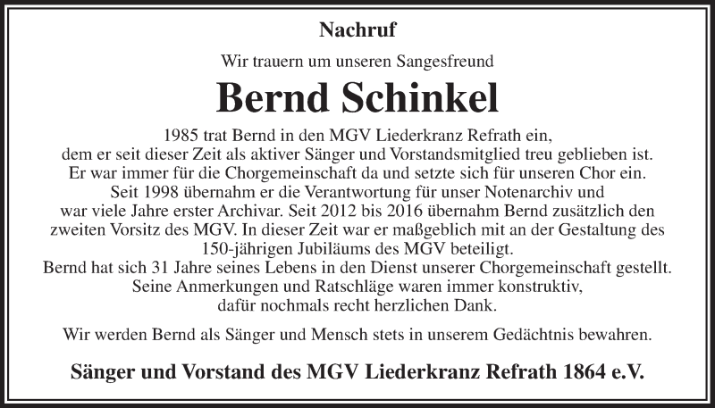  Traueranzeige für Bernd Schinkel vom 02.03.2016 aus  Bergisches Handelsblatt 