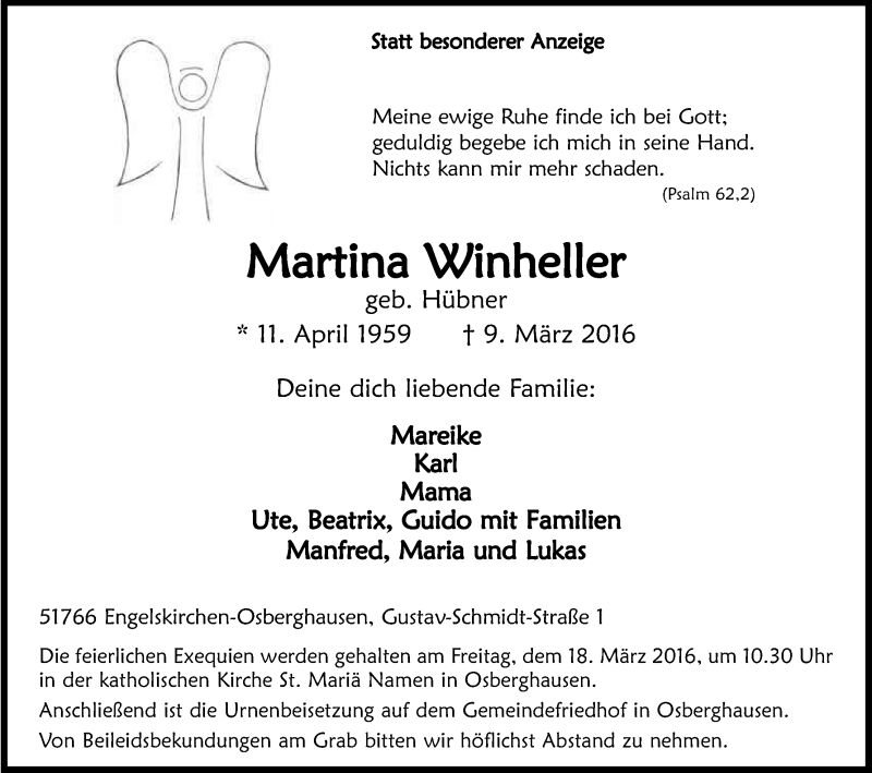  Traueranzeige für Martina Winheller vom 16.03.2016 aus Kölner Stadt-Anzeiger / Kölnische Rundschau / Express