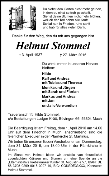 Anzeige von Helmut Stommel von Kölner Stadt-Anzeiger / Kölnische Rundschau / Express