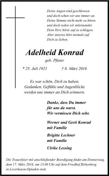 Anzeige von Adelheid Konrad von Kölner Stadt-Anzeiger / Kölnische Rundschau / Express