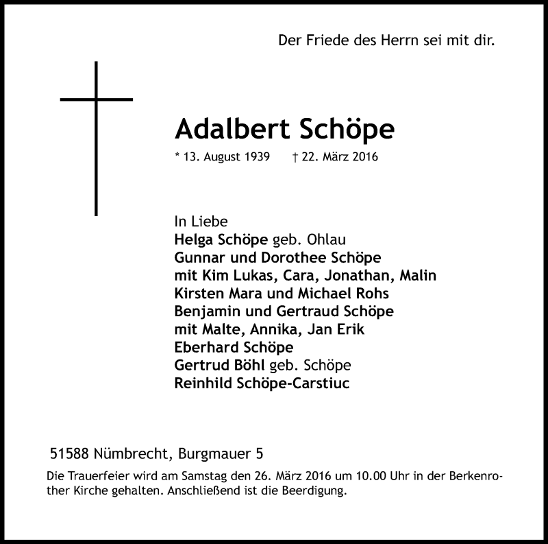  Traueranzeige für Adalbert Schöpe vom 24.03.2016 aus Kölner Stadt-Anzeiger / Kölnische Rundschau / Express
