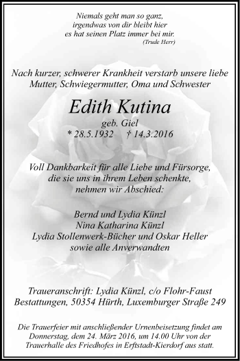 Anzeige von Edith Kutina von Kölner Stadt-Anzeiger / Kölnische Rundschau / Express