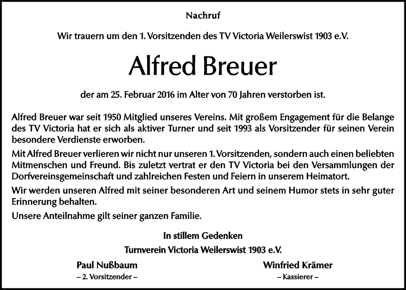  Traueranzeige für Alfred Breuer vom 06.03.2016 aus  Blickpunkt Euskirchen 