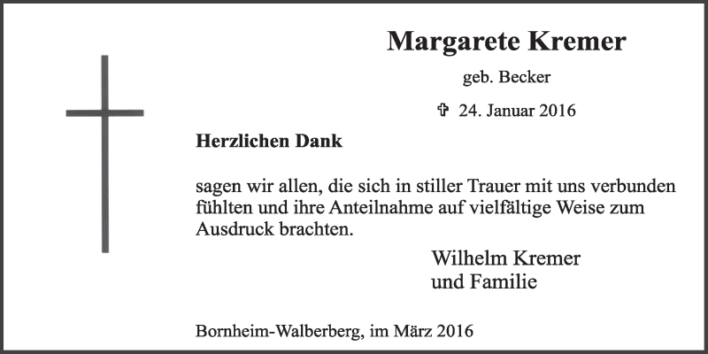  Traueranzeige für Margarete Kremer vom 09.03.2016 aus  Schlossbote/Werbekurier 
