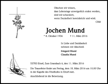 Anzeige von Jochen Mund von Kölner Stadt-Anzeiger / Kölnische Rundschau / Express