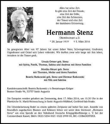 Anzeige von Hermann Stenz von Kölner Stadt-Anzeiger / Kölnische Rundschau / Express