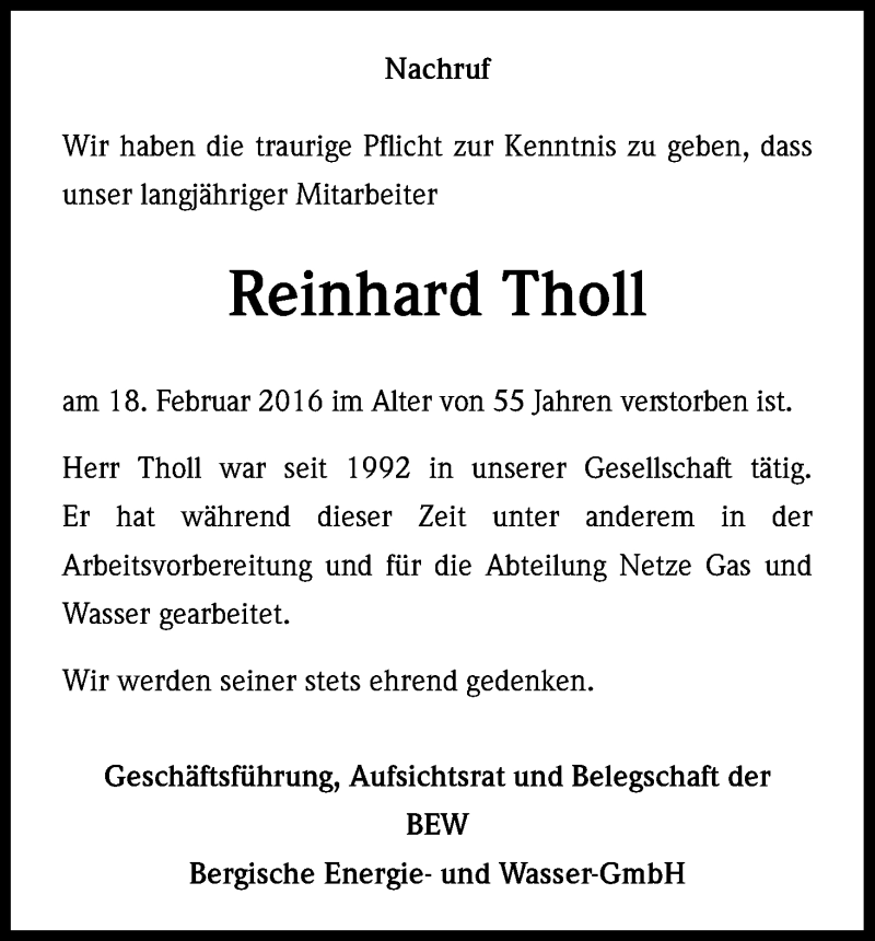  Traueranzeige für Reinhard Tholl vom 02.03.2016 aus Kölner Stadt-Anzeiger / Kölnische Rundschau / Express