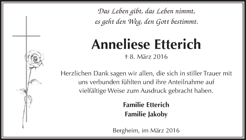  Traueranzeige für Anneliese Etterich vom 26.03.2016 aus  Sonntags-Post 