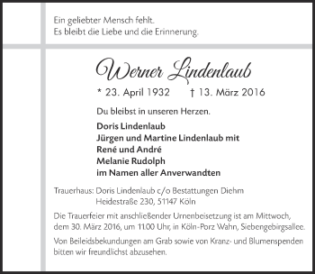 Anzeige von Werner Lindenlaub von  Kölner Wochenspiegel 