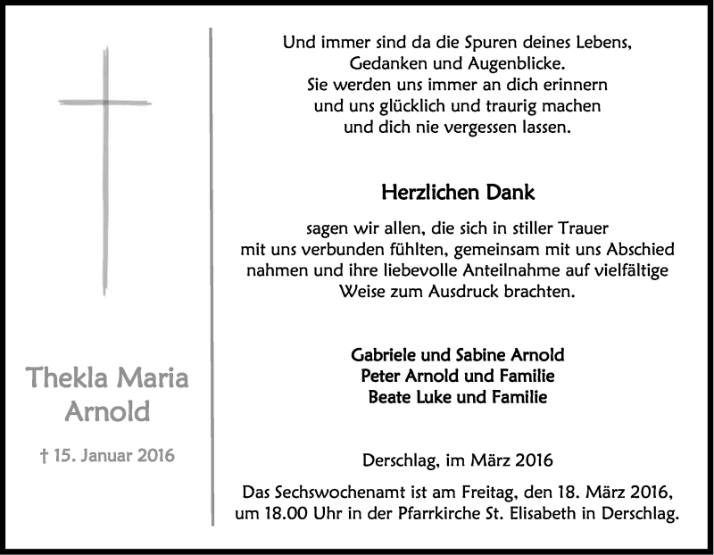  Traueranzeige für Thekla Maria Arnold vom 02.03.2016 aus Kölner Stadt-Anzeiger / Kölnische Rundschau / Express