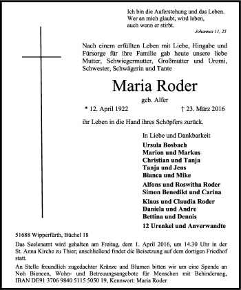 Anzeige von Maria Roder von Kölner Stadt-Anzeiger / Kölnische Rundschau / Express