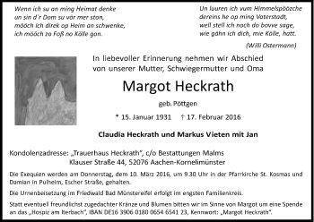 Anzeige von Margot Heckrath von Kölner Stadt-Anzeiger / Kölnische Rundschau / Express