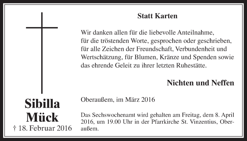  Traueranzeige für Sibilla Mück vom 30.03.2016 aus  Werbepost 