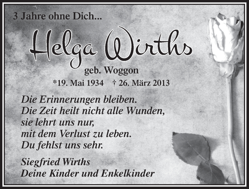  Traueranzeige für Helga Wirths vom 30.03.2016 aus  Anzeigen Echo 