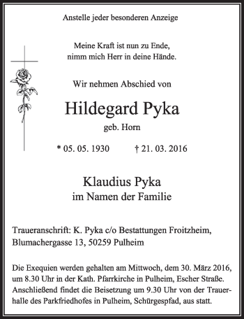 Anzeige von Hildegard Pyka von  Sonntags-Post 