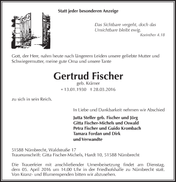 Anzeige von Gertrud Fischer von  Lokalanzeiger 