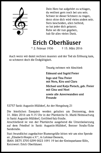 Anzeige von Erich Oberhäuser von Kölner Stadt-Anzeiger / Kölnische Rundschau / Express