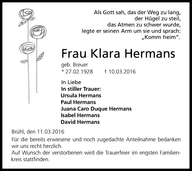  Traueranzeige für Klara Hermans vom 18.03.2016 aus Kölner Stadt-Anzeiger / Kölnische Rundschau / Express