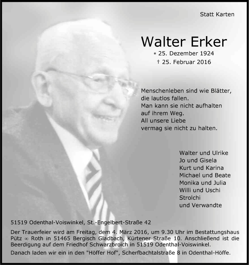  Traueranzeige für Walter Erker vom 02.03.2016 aus Kölner Stadt-Anzeiger / Kölnische Rundschau / Express