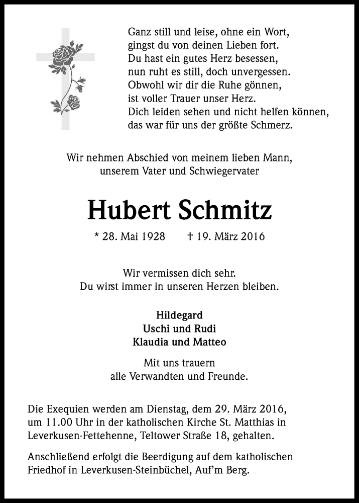  Traueranzeige für Hubert Schmitz vom 26.03.2016 aus Kölner Stadt-Anzeiger / Kölnische Rundschau / Express