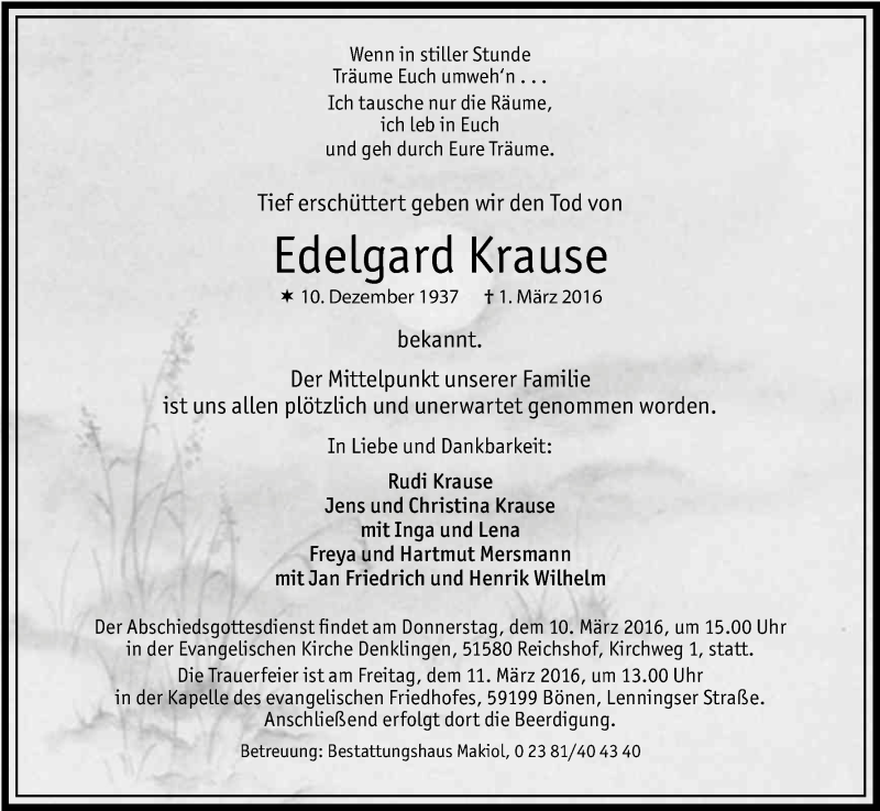  Traueranzeige für Edelgard Krause vom 05.03.2016 aus Kölner Stadt-Anzeiger / Kölnische Rundschau / Express