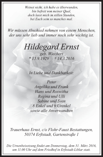 Anzeige von Hildegard Ernst von  Werbepost 