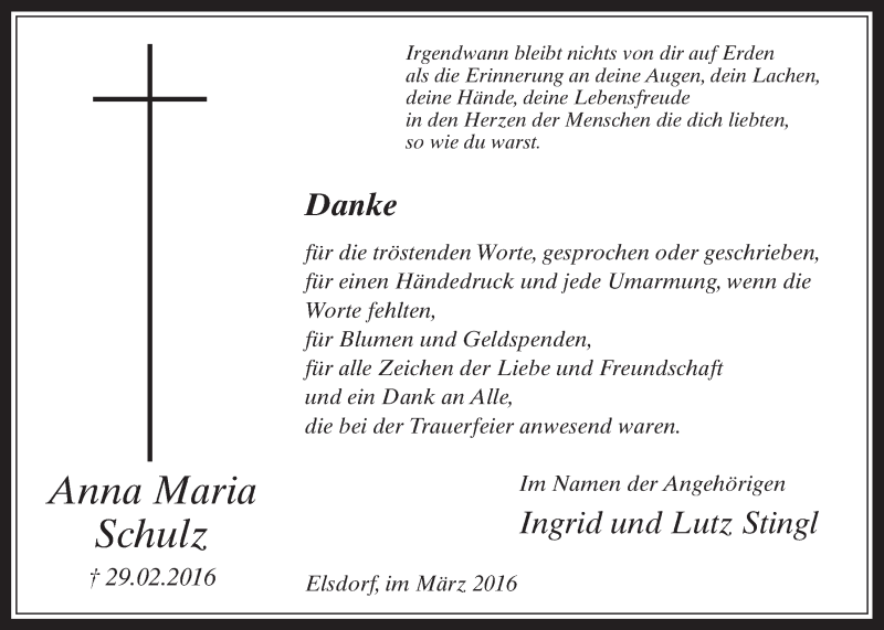  Traueranzeige für Anna Maria Schulz vom 23.03.2016 aus  Werbepost 
