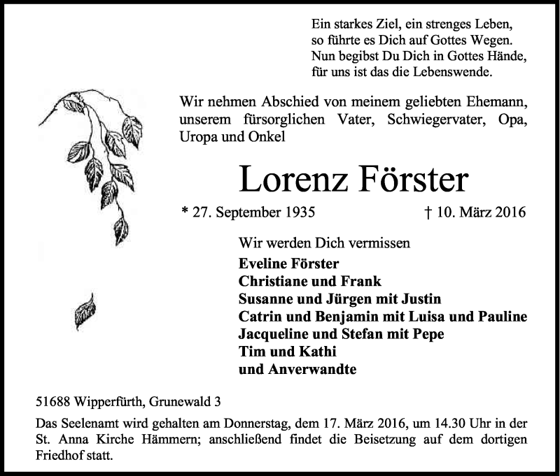  Traueranzeige für Lorenz Förster vom 12.03.2016 aus Kölner Stadt-Anzeiger / Kölnische Rundschau / Express